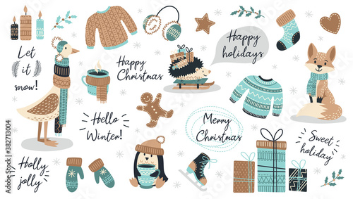 Set of modern hand drawn christmas animals and other isolated elements. Vector illustration.
