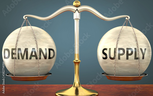 demand and supply staying in balance - pictured as a metal scale with weights and labels demand and supply to symbolize balance and symmetry of those concepts, 3d illustration