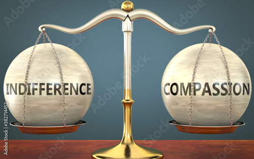 Canvas Print indifference and compassion staying in balance - pictured as a metal scale with