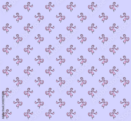 Vector girlish background. Pink bows with a black outline on a purple background. Wallpaper from bows for girls