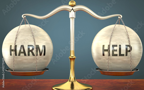 Metaphor of harm and help staying in balance - showed as a metal scale with weights and labels harm and help to symbolize balance and symmetry of harm and help in life or business, 3d illustration