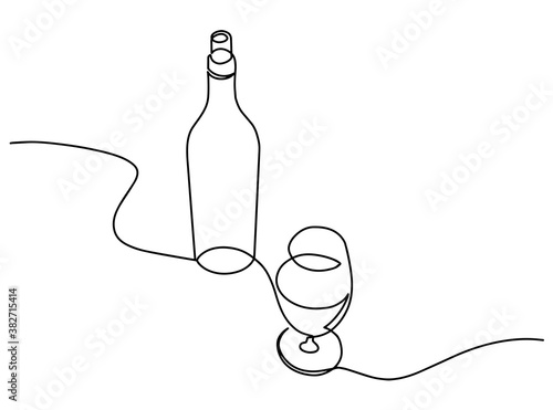 Wine continuous line vector illustration. one continuous drawn line of the bottle and a glass drawn from the hand a picture of the silhouette. Line art. a bottle of champagne wine a glass