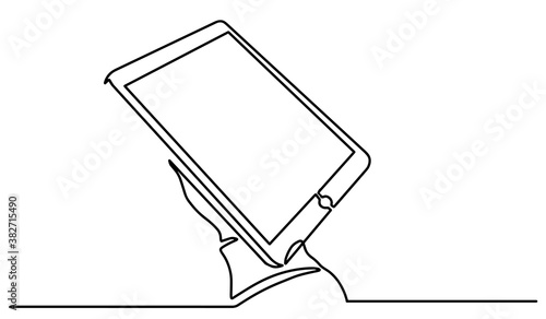 Continuous line drawing of hand touching digital tablet. One line hand with a tablet hand-drawn picture silhouette. Line art. doodle.