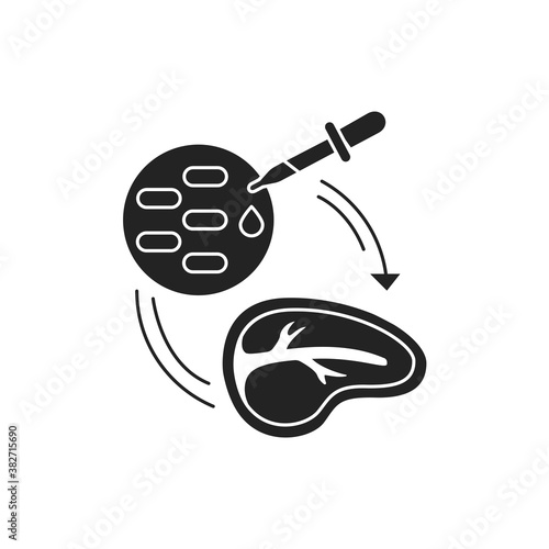 Stem cell meat black glyph icon. Meat produced by in vitro cell culture of animal cells, instead of from slaughtered animals. Pictogram for web page, mobile app, promo.