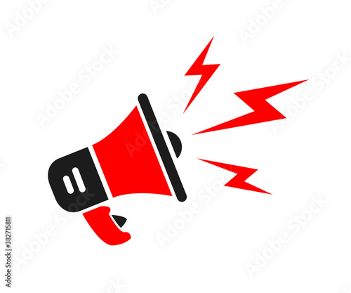 Megaphone with set thunder and bolt lighting flash icon. Promotion with loudspeaker, advertising marketing concept - stock vector