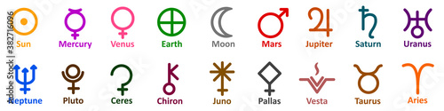 Set of simple astrology symbols icon of planets, celestial bodies, zodiac constellations, aspects, nodes, astronomy, star maps, horoscopes. Collection astrology signs - stock vector