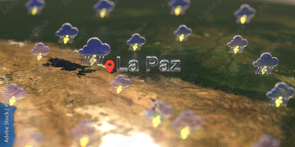 Stormy weather icons near La Paz city on the map, weather forecast related 3D rendering Stormy weather icons near La Paz city on the map, weather forecast related 3D rendering