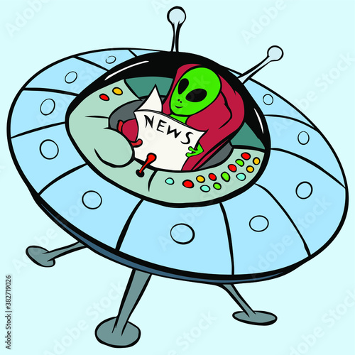 Vector  illustration of a smiling green alien sitting in a flying saucer and reading a newspaper