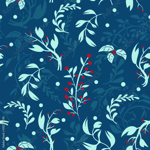 Decorative pattern with holiday leafs. Winter or spring seamless background, wallpaper, textile ornament. 