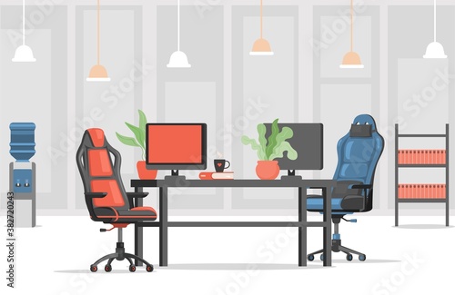 Modern and stylish workplace vector flat design. Red and blue armchairs or gaming chairs, computer monitors, and office documents in book shelves. Office interior design.