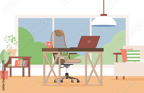 Modern home workplace, cabinet vector flat illustration. Remote work or cozy office interior design. Work chair, laptop, table, sofa, and home plants in pots. Freelancer stylish workplace.
