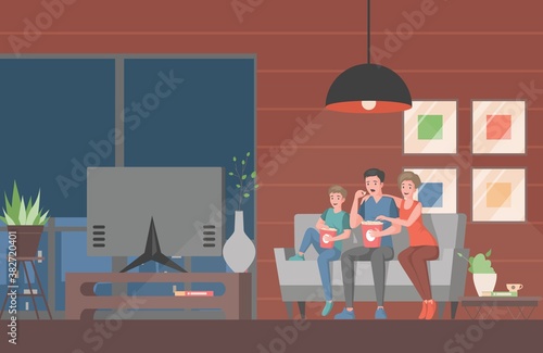 Family watching movie or tv show on television vector flat illustration. Mother, father, and son sitting on sofa in living room and watching movie. Family time, spending evening time together concept.