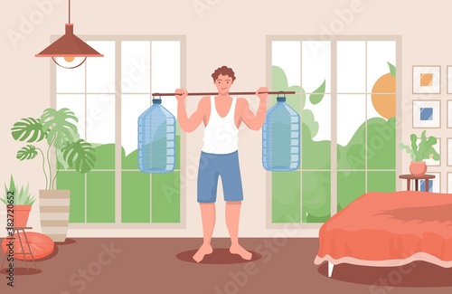 Happy young man doing sport exercises with big plastic bottles with water vector flat illustration. Smiling man doing workout in the bedroom. Active and healthy lifestyle concept.