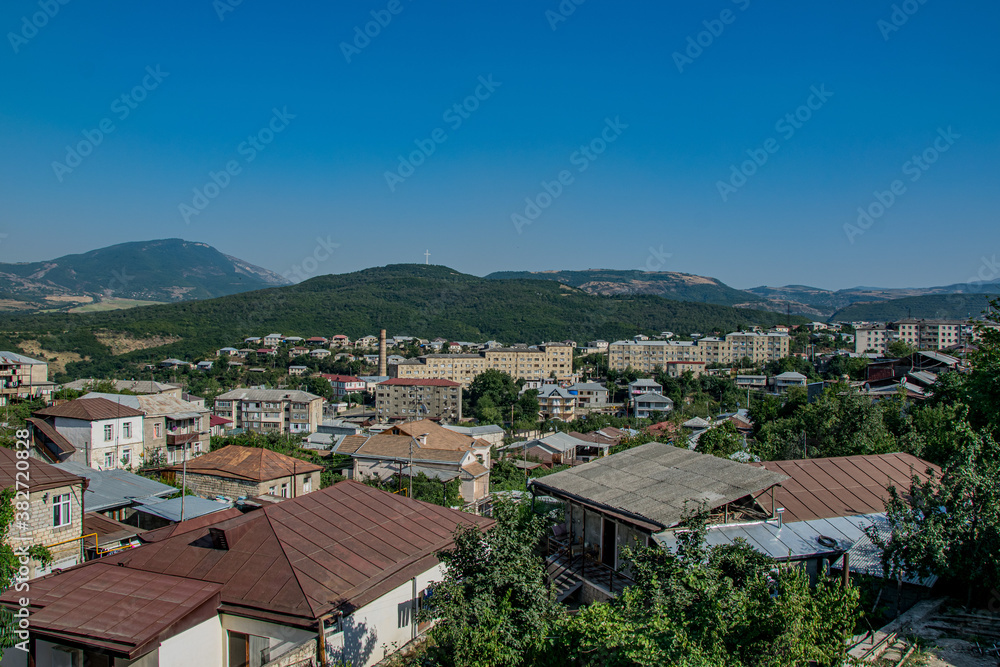 Stepanakert, Artsakh (Nagorno-Karabakh), 7 August 2017. View across the roofs of Stepanakert towards the mountainous landscape in which the capital is situated.
