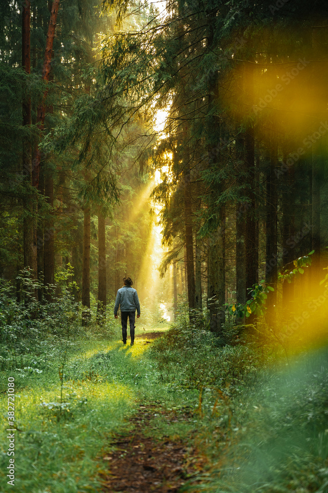Man in denim jacket in forest during dreamy sunrise with sun rays shining trough the forest.