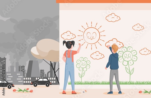 Little boy and girl drawing on the wall in the city vector flat illustration. Children art and polluted city concept. Cute children living in bad ecology and trying to make world better with drawing.