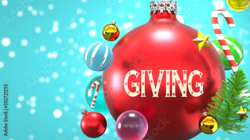 Giving and Xmas holidays, pictured as abstract Christmas ornament ball with word Giving to symbolize the connection and importance of Giving during Christmas Holidays, 3d illustration photo