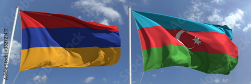 Free Download Flying flags of Armenia and Azerbaijan on high flagpoles. 3d rendering - GFXLoad