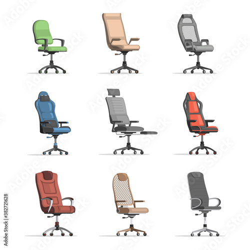 Set of different working chairs. Grey, red, blue, green, and brown office chairs vector flat illustration isolated on white background. Comfortable modern working chairs for office or cabinet.