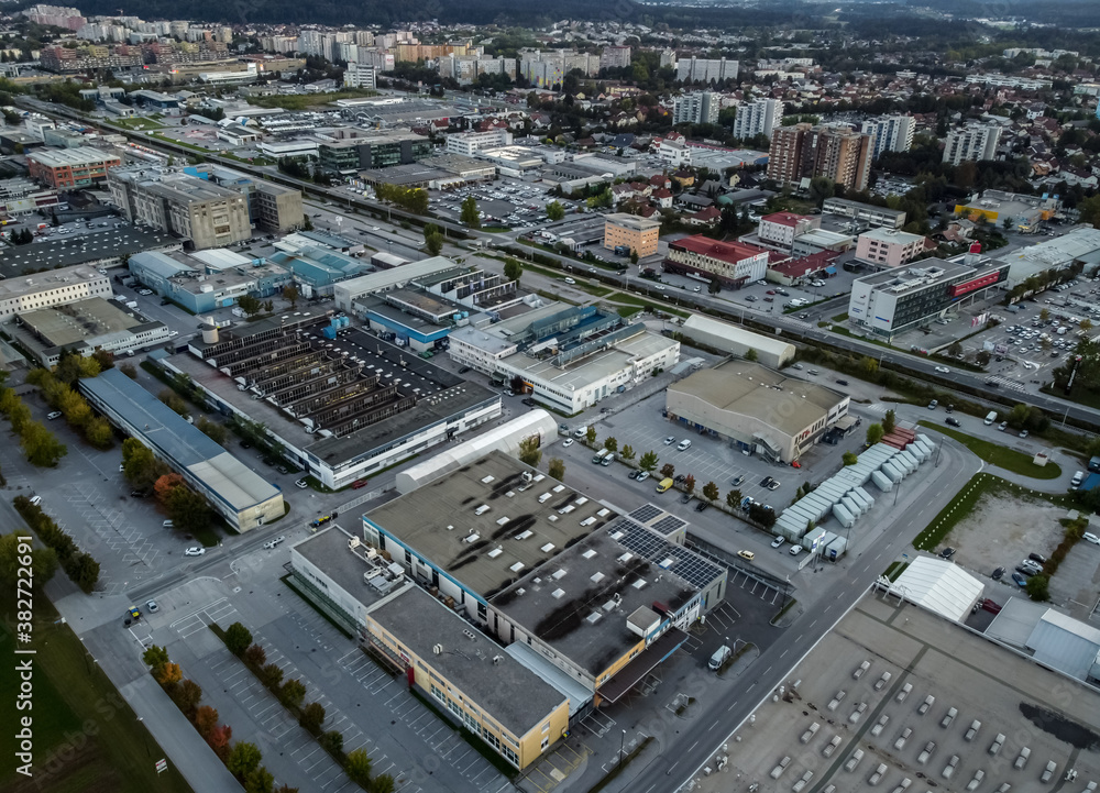Evening industrial zone district drone aerial view Evening industrial zone district drone aerial view