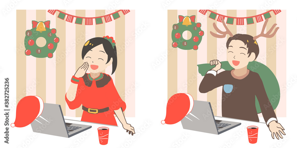オンラインでクリスマスを笑顔で楽しむ　背景あり(線無し)