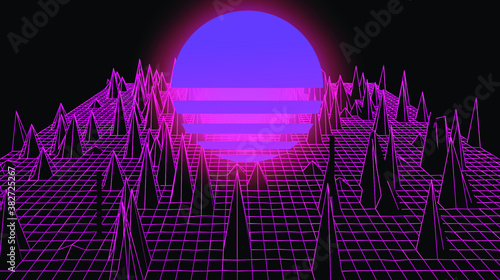 Retrowave VJ videogame landscape, neon low poly terrain grid. Stylized vintage vaporwave 3d illustration with mountains and sun n 80s retro futuristic sci-fi style.