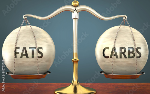 Metaphor of fats and carbs staying in balance - showed as a metal scale with weights and labels fats and carbs to symbolize balance and symmetry of fats and carbs in life or business, 3d illustration