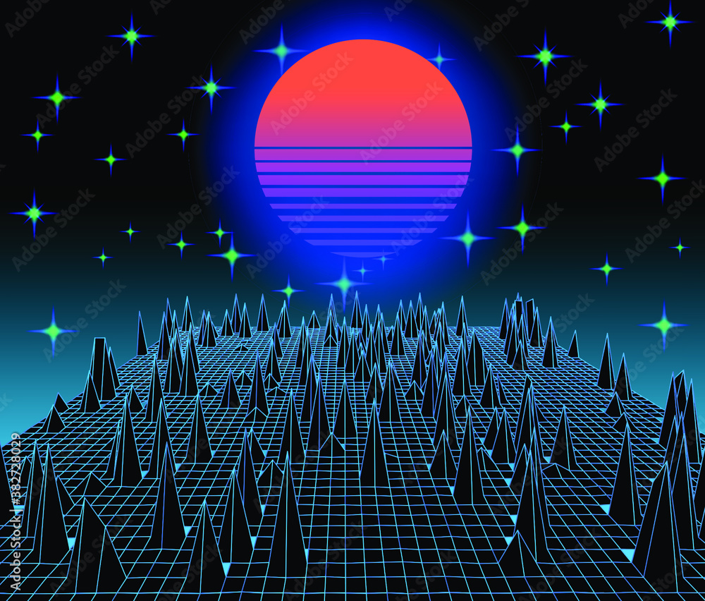 Retrowave VJ videogame landscape, neon low poly terrain grid. Stylized ...