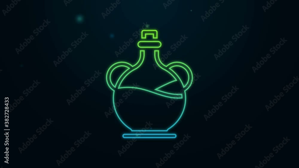 Glowing neon line Bottle of olive oil icon isolated on black background. Jug with olive oil icon. 4K Video motion graphic animation Glowing neon line Bottle of olive oil icon isolated on black background. Jug with olive oil icon. 4K Video motion graphic animation