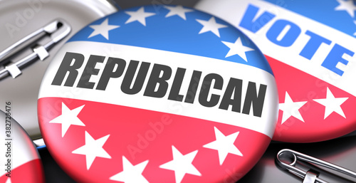 Republican and elections in the USA, pictured as pin-back buttons with American flag, to symbolize that Republican can be an important  part of election, 3d illustration
