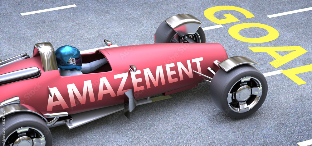 Naklejka premium Amazement helps reaching goals, pictured as a race car with a phrase Amazement on a track as a metaphor of Amazement playing vital role in achieving success, 3d illustration