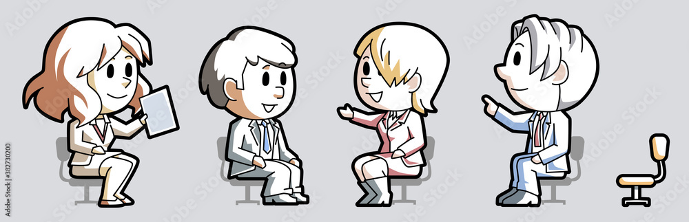 Set of seated cartoon business people and office workers with chairs