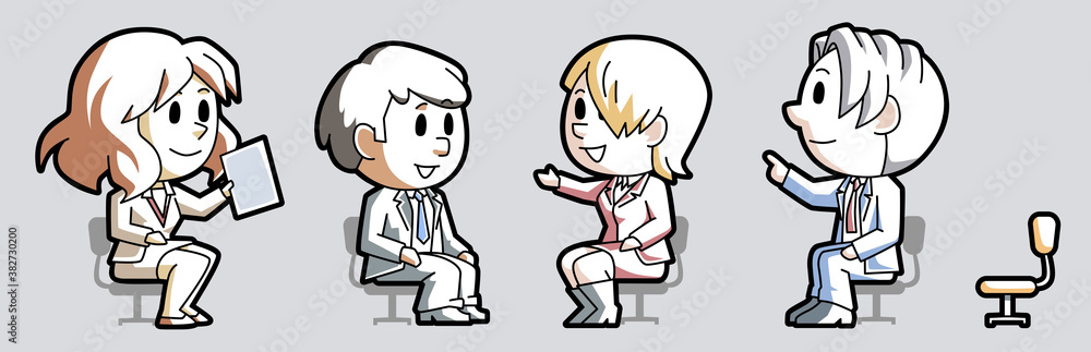 Set of seated cartoon business people and office workers with chairs Set of seated cartoon business people and office workers with chairs