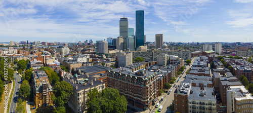 Boston Back Bay skyscrapers including Prudential Tower, John Hancock Tower and Four Seasons Hotel at One Dalton Street, Boston, Massachusetts MA, USA. photo