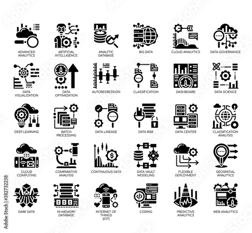 Fotografie, Tablou Set of data analytic thin line and pixel perfect icons for any web and app project