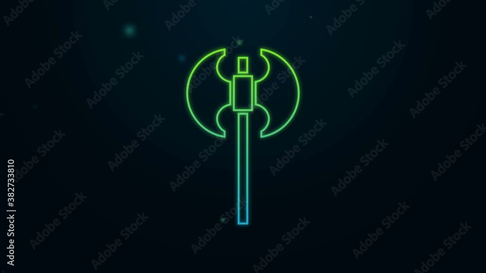 Glowing neon line Medieval axe icon isolated on black background. Battle axe, executioner axe. Medieval weapon. 4K Video motion graphic animation Glowing neon line Medieval axe icon isolated on black background. Battle axe, executioner axe. Medieval weapon. 4K Video motion graphic animation