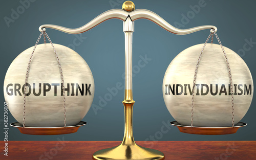 groupthink and individualism staying in balance - pictured as a metal scale with weights and labels groupthink and individualism to symbolize balance and symmetry of those concepts, 3d illustration