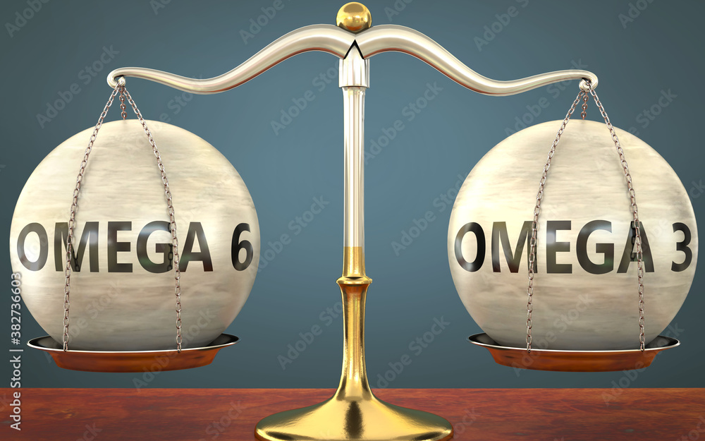 omega 6 and omega 3 staying in balance - pictured as a metal scale with weights and labels omega 6 and omega 3 to symbolize balance and symmetry of those concepts, 3d illustration - obrazy, fototapety, plakaty 