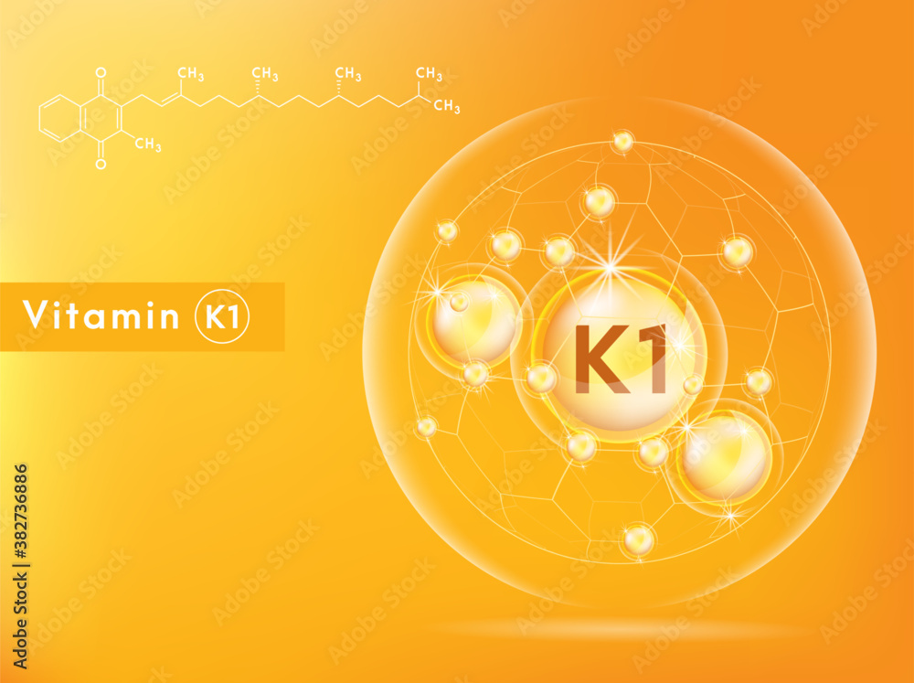 Vitamin K1 and structure. Medicine capsule, Golden substance. 3D