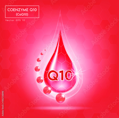 Coenzyme Q10 red shining pill capsule icon . Vitamin complex with Chemical formula, coenzyme Q, ubiquinone. Meds for health, beauty ads. Vector illustration