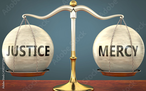 justice and mercy staying in balance - pictured as a metal scale with weights and labels justice and mercy to symbolize balance and symmetry of those concepts, 3d illustration photo