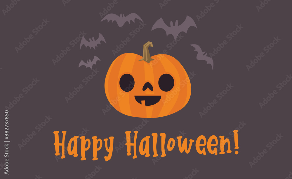 Happy Halloween design. Cute pumpkin with carved smile face, spooky season. Funny illustration. Trick or treat decoration.