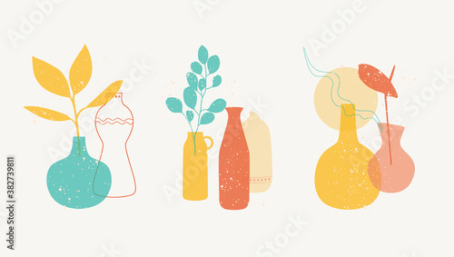 Pottery Ceramics Logo vector graphic elements. Contemporary art posters with compositions of ceramics with flowers. 