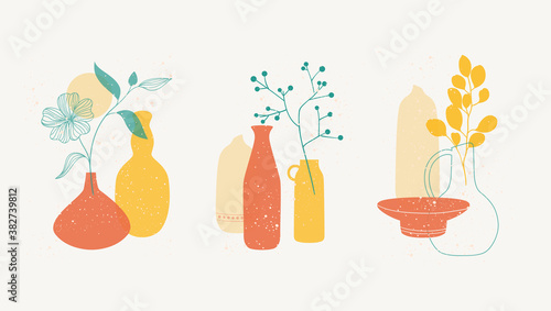 Contemporary art posters with compositions of ceramics with flowers. 