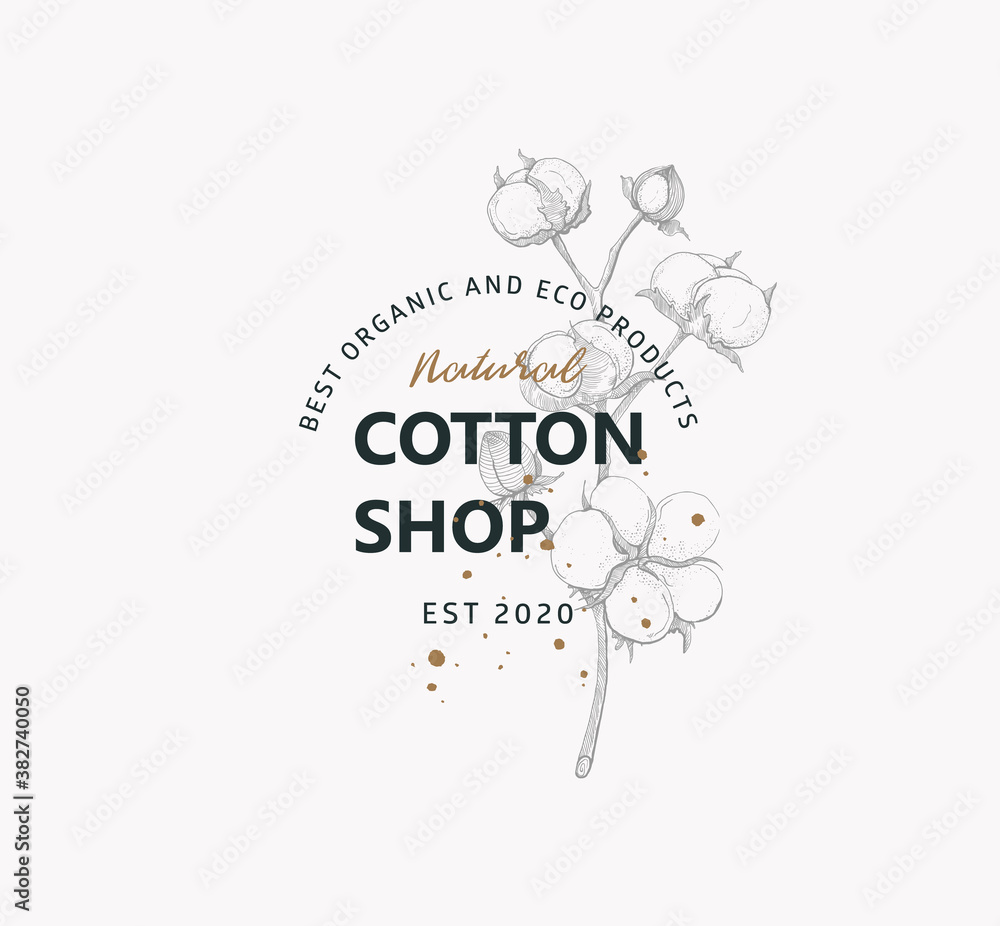 Cotton nature logo sign. Engraved style.