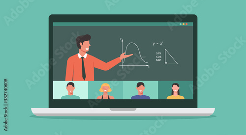 people learning online or meeting together via video conference, teleconference on laptop, learn from home or anywhere, worldwide education, social distance concept, vector flat illustration