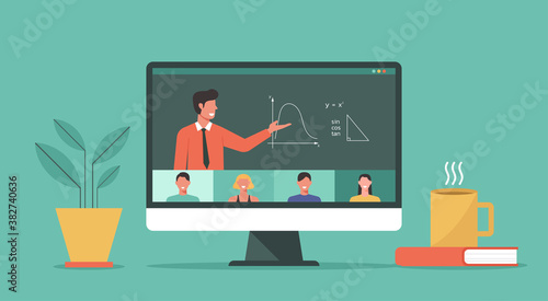 people learning online or meeting together via video conference, teleconference on a computer, learn from home or anywhere, worldwide education, social distance concept, vector flat illustration