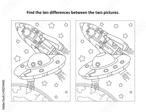 Space exploration themed find the ten differences picture puzzle and coloring page with UFO and spaceship flying near the Earth.