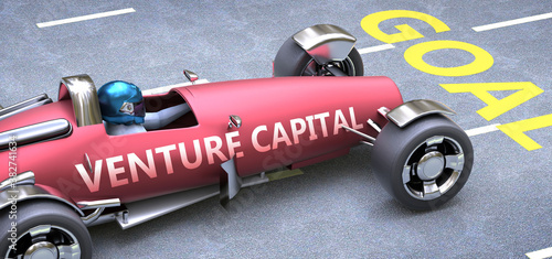 Venture capital helps reaching goals, pictured as a race car with a phrase Venture capital on a track as a metaphor of Venture capital playing vital role in achieving success, 3d illustration