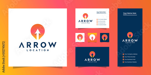 Local marketing logo design template, pin with arrow logo and business card